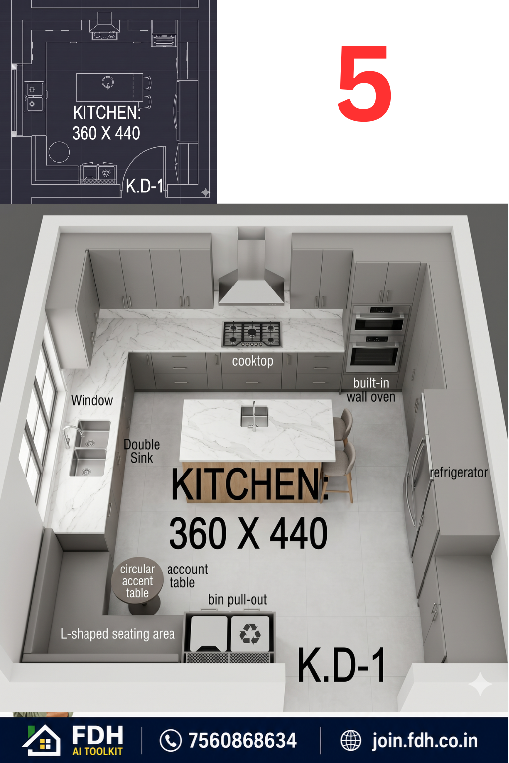 Kitchen CAD plan converted into a realistic 3D modular kitchen view