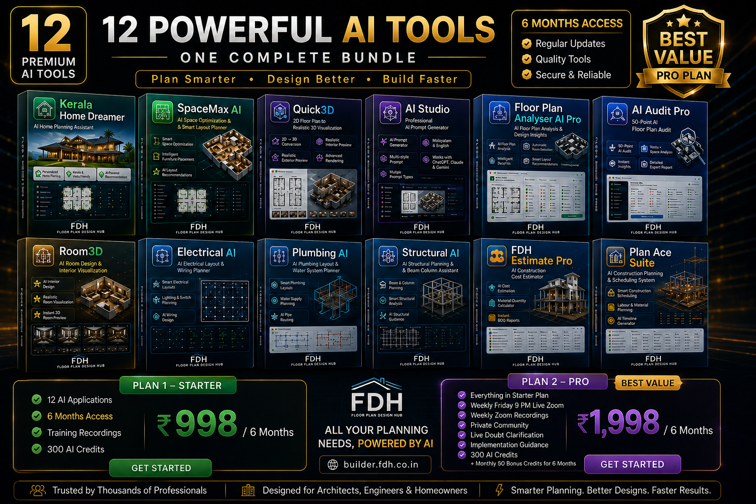 12 premium FDH AI applications bundle with Starter ₹998 and Pro ₹1,998 plans