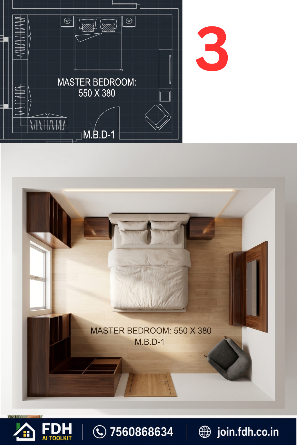 Master bedroom CAD plan converted into a realistic 3D top view