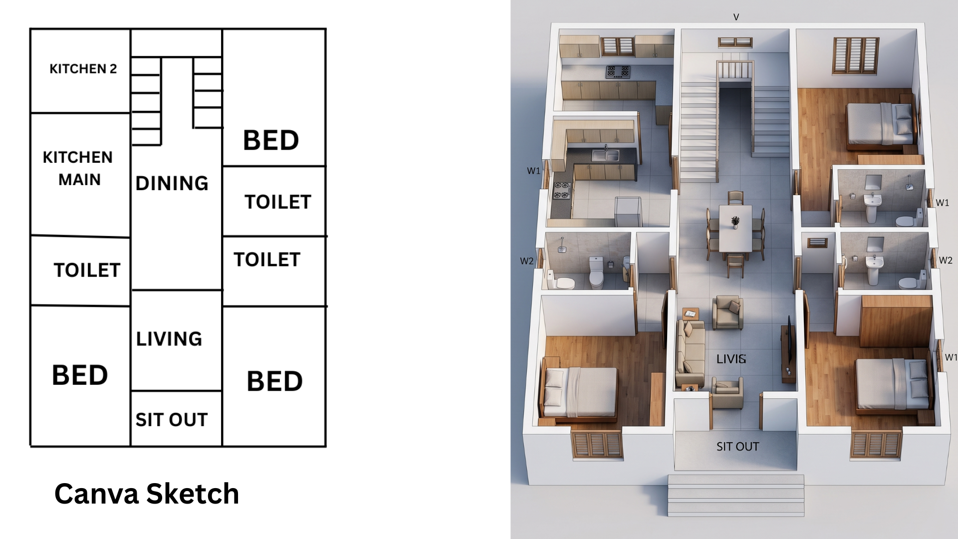 2D floor plan converted to a realistic 3D design