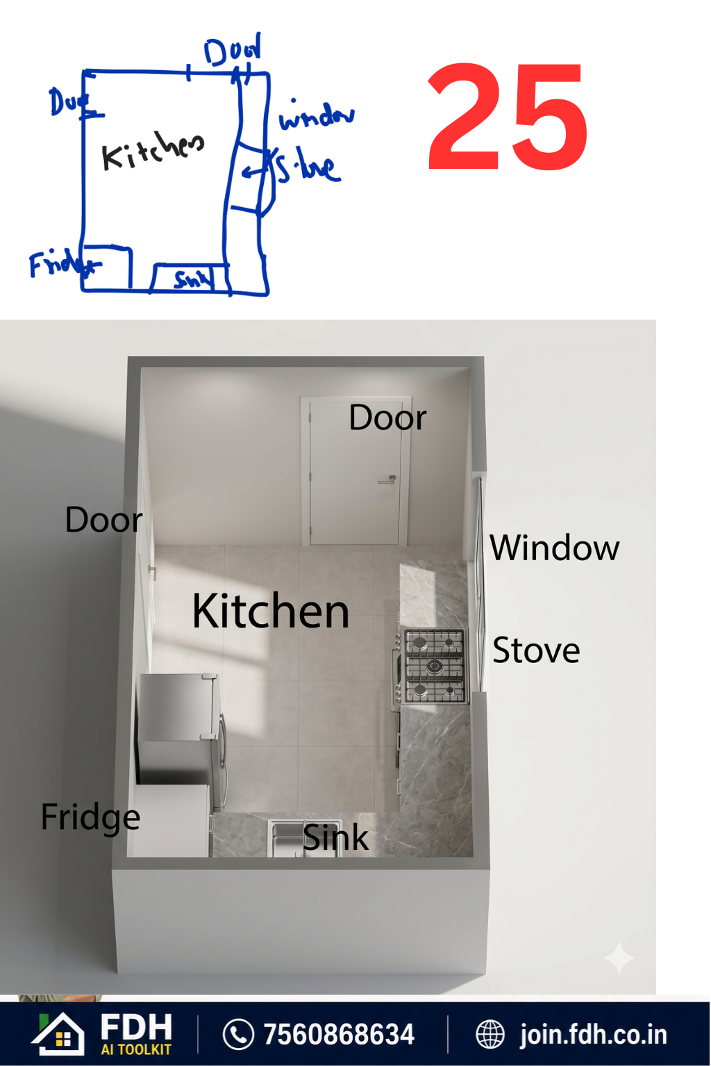 Hand-drawn kitchen sketch converted into a 3D kitchen layout