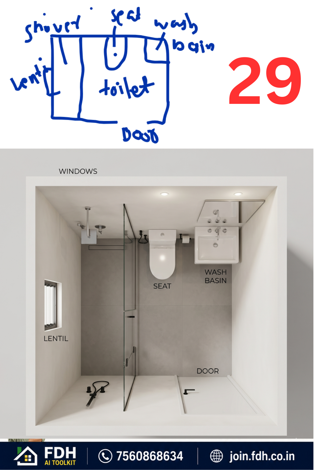 Hand-drawn toilet sketch converted into a 3D bathroom layout