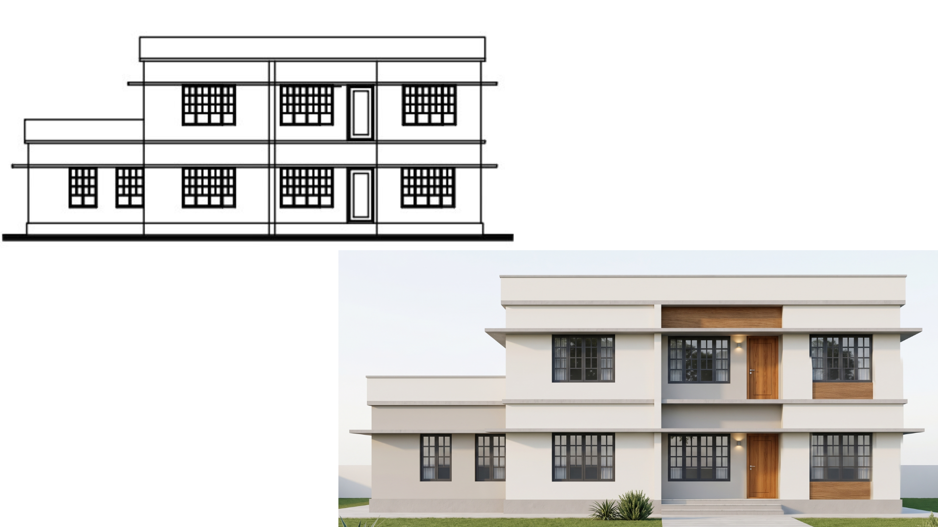 Elevation drawing rendered as a photorealistic exterior