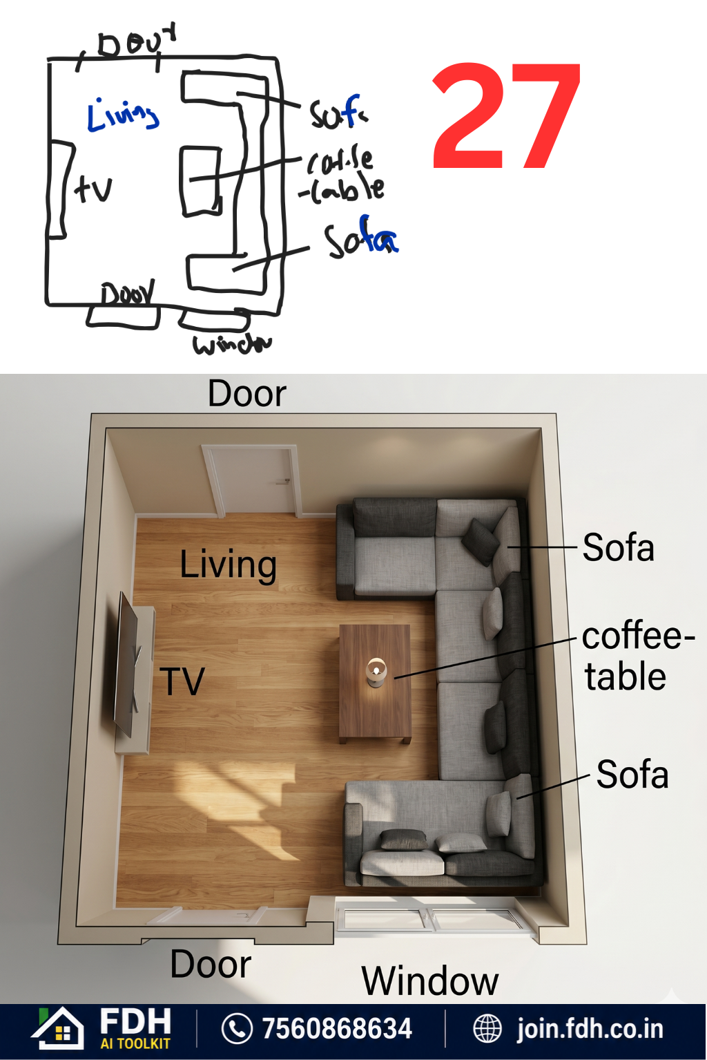 Hand-drawn living room sketch converted into a 3D living room layout