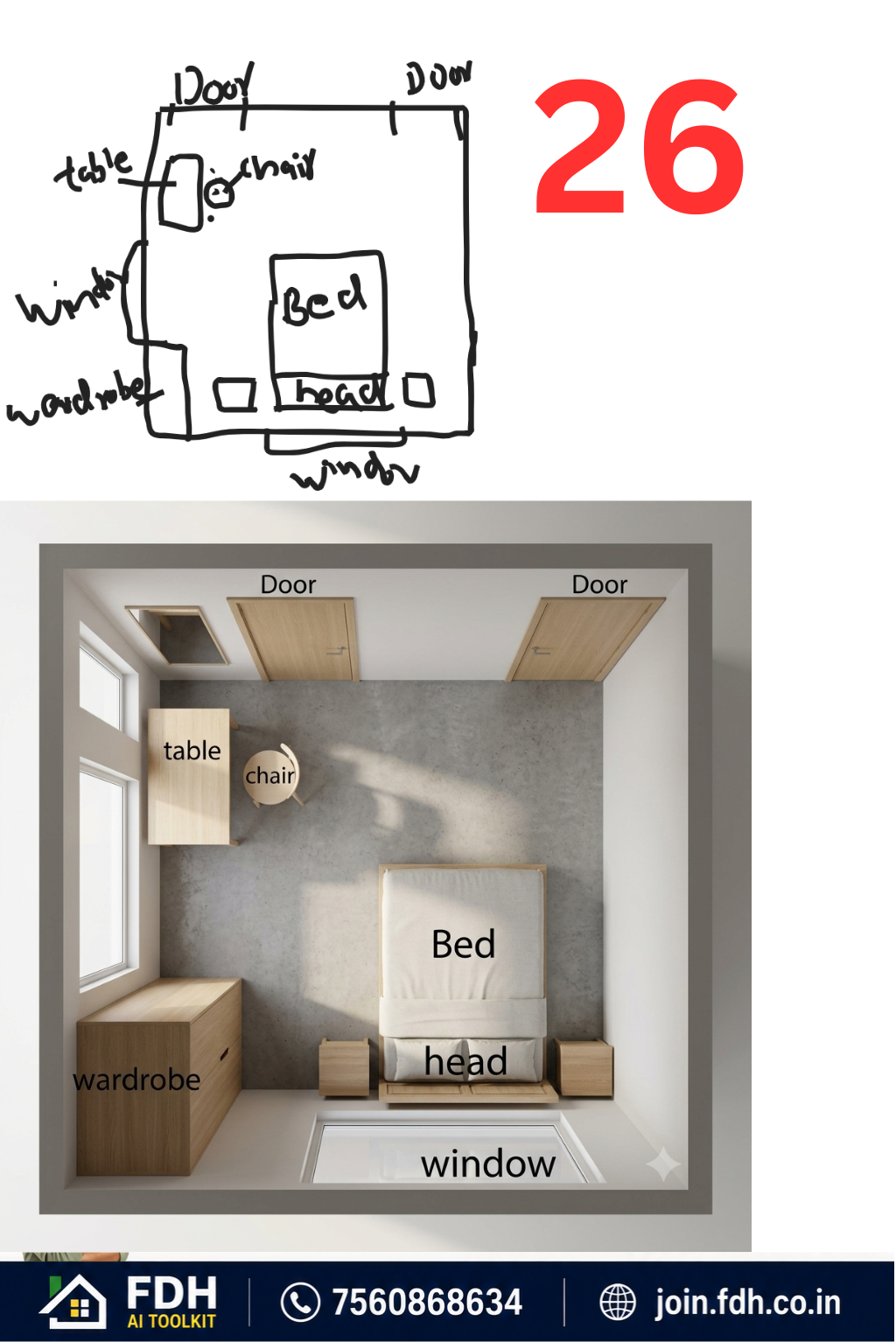 Hand-drawn bedroom sketch converted into a 3D bedroom layout