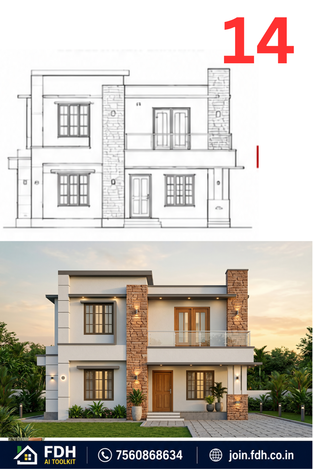 Modern elevation line drawing rendered as a photorealistic exterior