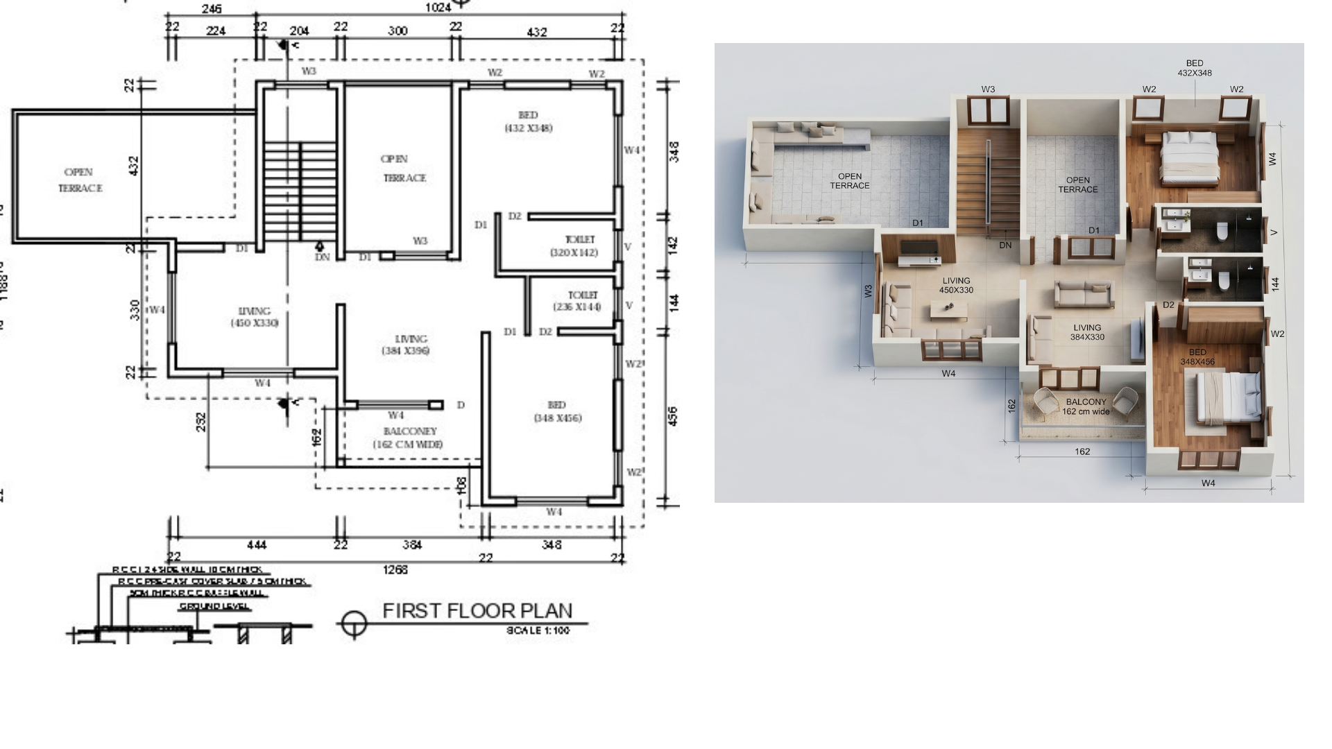 First floor plan with 3D cutaway view
