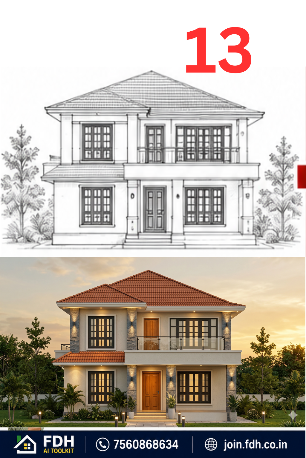 Elevation sketch converted into a photorealistic Kerala home exterior