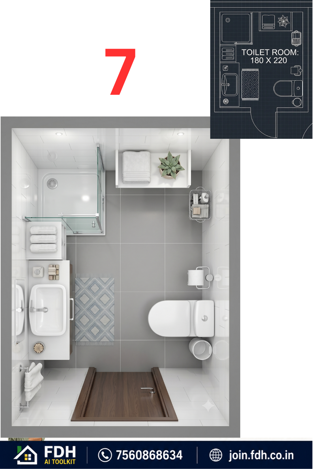 Toilet room plan converted into a realistic 3D bathroom view