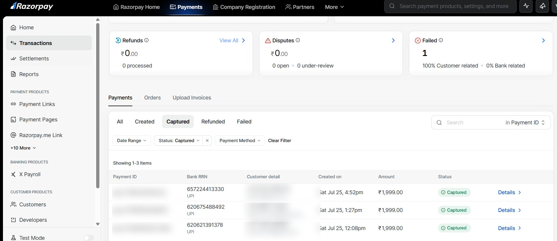 Razorpay dashboard screenshot — 7 successful ₹1,999 payments from yesterday